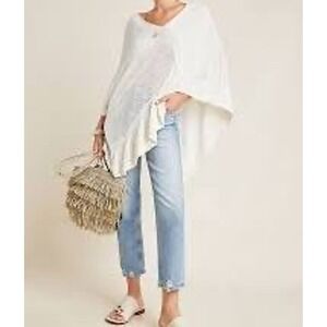 Anthropologie A+ Cream Knit Asymmetrical Poncho Sweater Top Ruffle Hem 2X